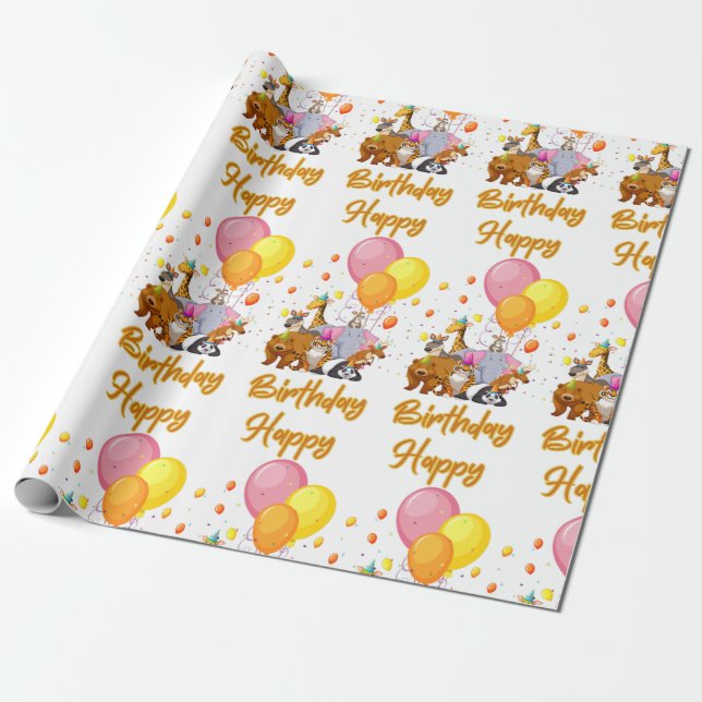Happy Birthday Animal Collection Wrapping Paper (Unrolled)
