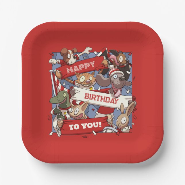 Happy Birthday Animal Sports Fans Waving Cartoon Paper Plate (Front)
