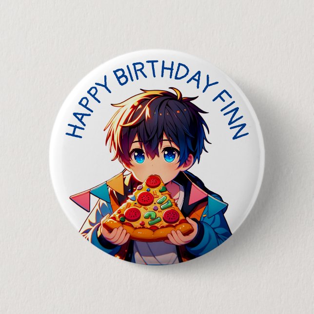 Happy Birthday | Anime Boy's Pizza Party 2 Inch Round Button (Front)