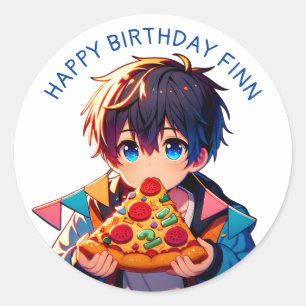 Happy Birthday   Anime Boy's Pizza Party Classic Round Sticker
