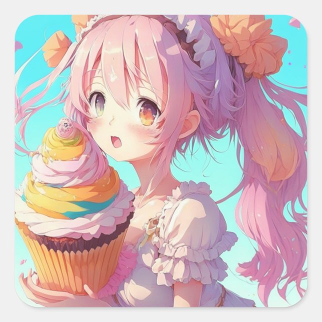 Happy Birthday Anime Girl with Whimsical Cupcake Square Sticker (Front)