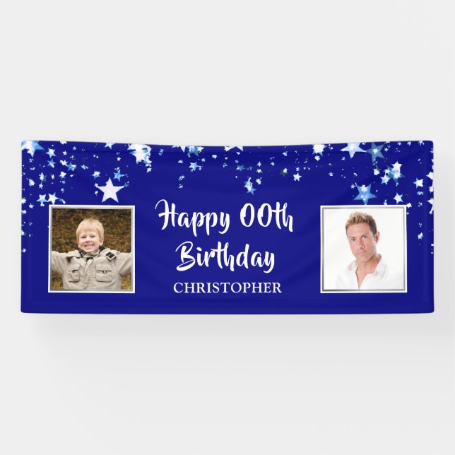 Happy Birthday ANY AGE Blue Stars Personalized Banner (Horizontal)