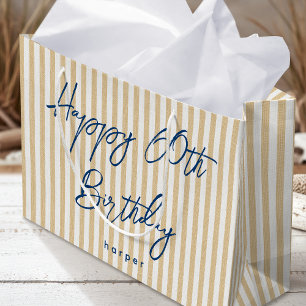 Happy Birthday Any Age Custom Name Striped Gold Large Gift Bag