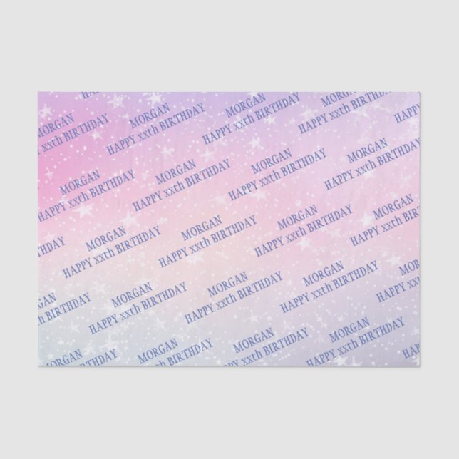 Happy Birthday, Any Age, Name, Stars, Pink & Blue Tissue Paper (Front)