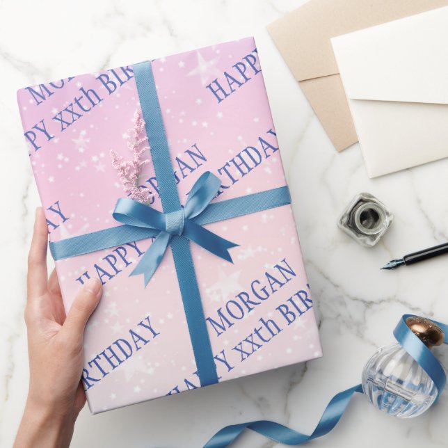 Happy Birthday, Any Age, Name, Stars, Pink & Blue Wrapping Paper (Gifting)