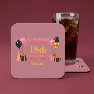 Happy Birthday Any Age Rose Gold Square Paper Coaster