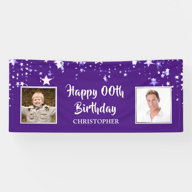Happy Birthday ANY Age Stars Photo Name Purple Banner (Horizontal)