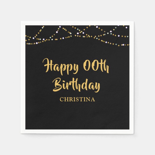 Happy Birthday ANY YEAR Black Gold String Lights Napkin (Front)