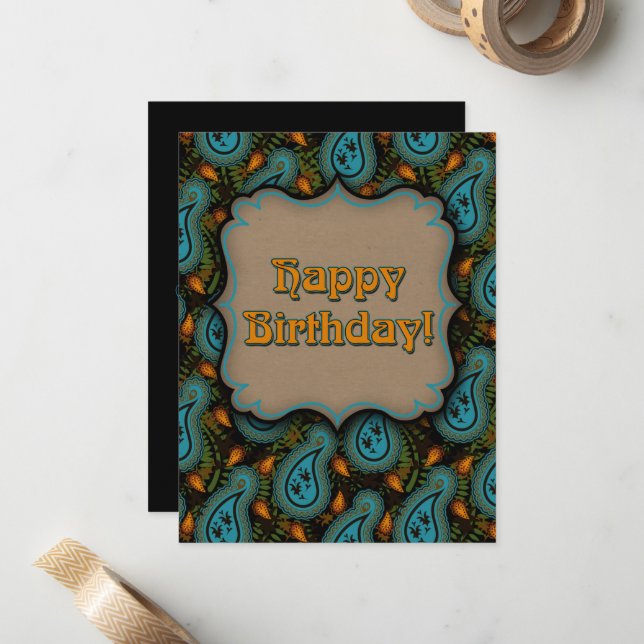 Happy Birthday Aqua Black Gold Paisley Card (Front/Back In Situ)