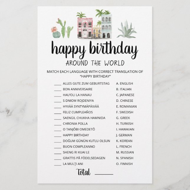 Happy Birthday Around The World editable game (Front)