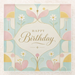 Happy Birthday Art Deco Pastel Floral Geometric Glass Coaster