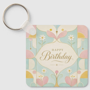 Happy Birthday Art Deco Pastel Floral Geometric Keychain
