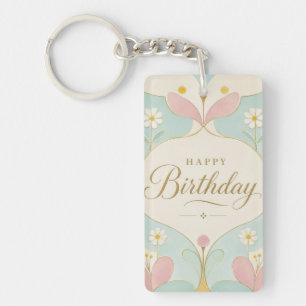 Happy Birthday Art Deco Pastel Floral Geometric Keychain