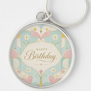 Happy Birthday Art Deco Pastel Floral Geometric Keychain