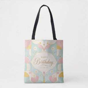 Happy Birthday Art Deco Pastel Floral Geometric Tote Bag