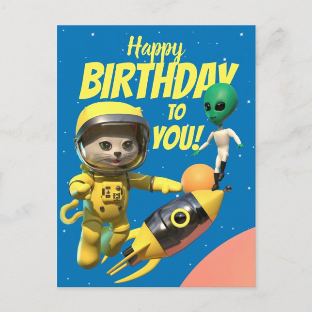 Happy Birthday Astronaut and Alien Fun postcard (Front)