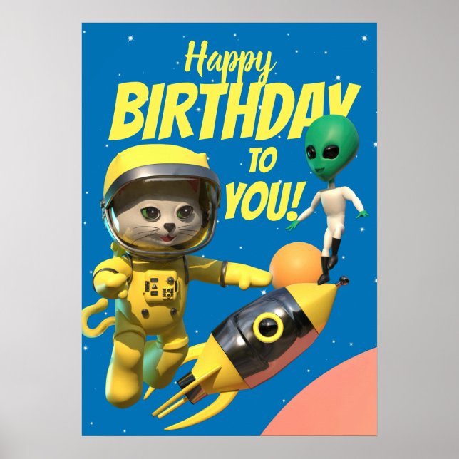 Happy Birthday Astronaut and Alien Fun Poster (Front)