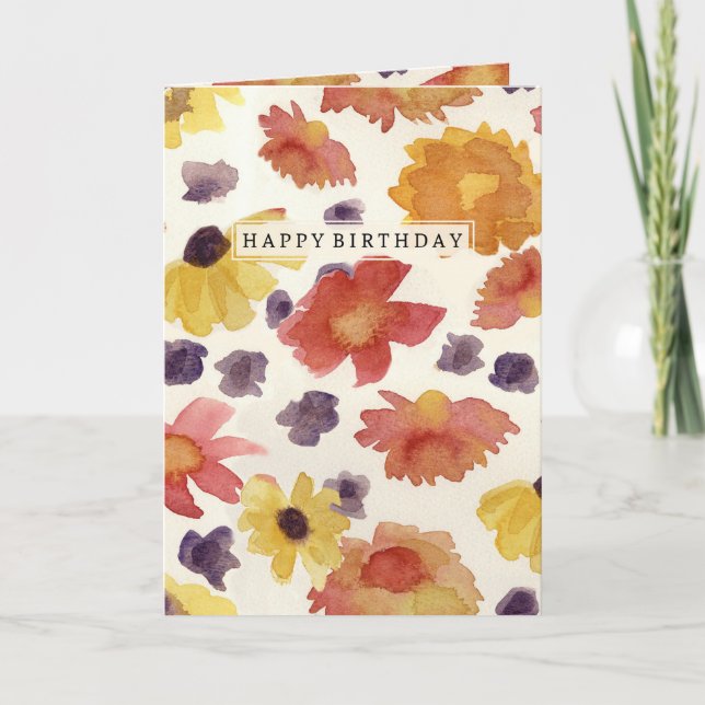 Happy Birthday Autumn Flowers Watercolor Card (Front)