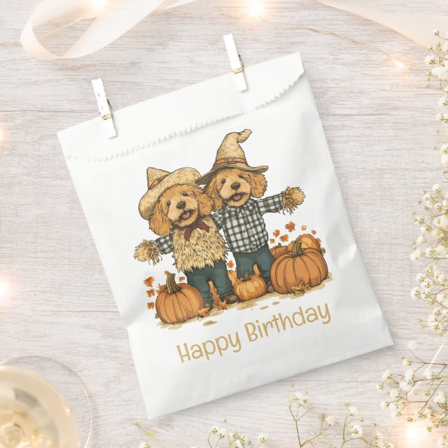 Happy Birthday Autumn Harvest Goldendoodle Dogs Favour Bag (Clipped)