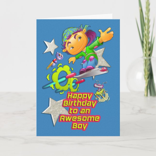 Happy Birthday Awesome Boy Skateboard Boy & Aliens Card (Front)