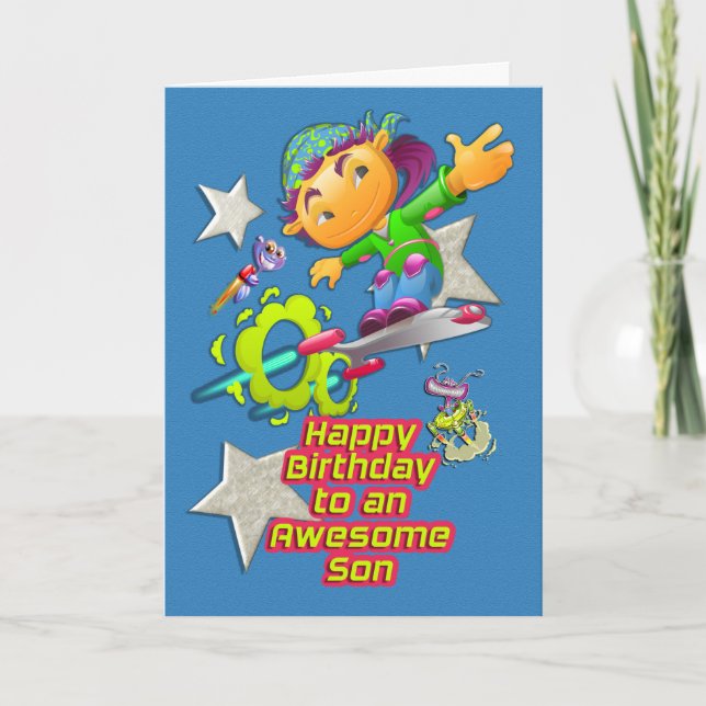 Happy Birthday Awesome Son Skateboard Boy & Aliens Card (Front)