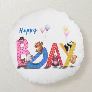 Happy Birthday - Baby Bears Party Celebration Fun  Round Pillow