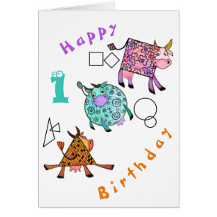 Happy Birthday Baby Card Colourful Geometric Cows