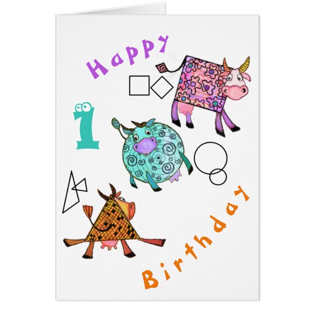 Happy Birthday Baby Card Colourful Geometric Cows (Front)