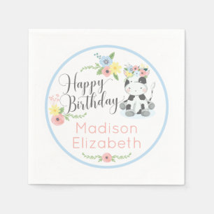 Happy Birthday Baby Cow Floral 1st Birthday Party Napkin