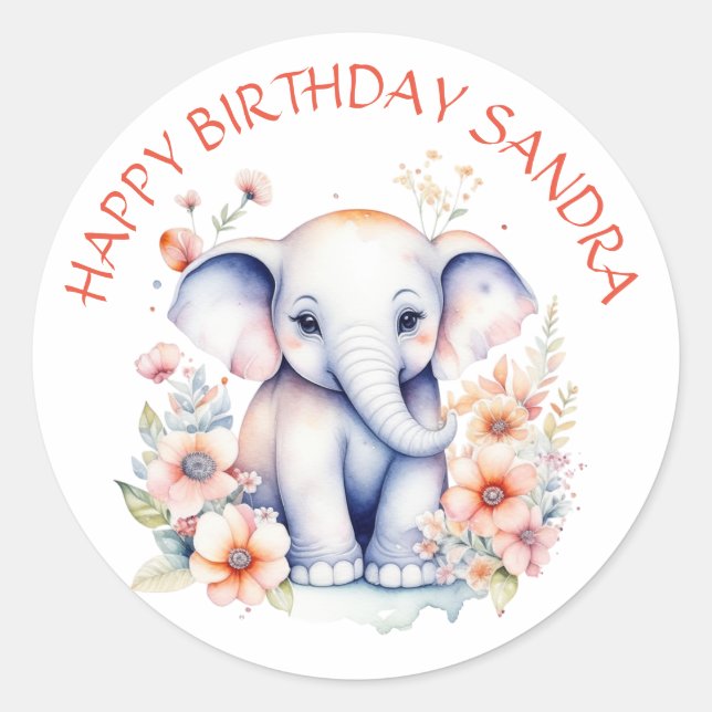 Happy Birthday Baby Elephant Personalized Classic Round Sticker (Front)