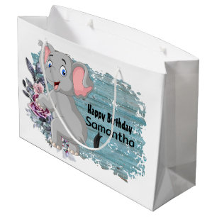 Happy Birthday Baby Elephant Rustic Blue  Large Gift Bag