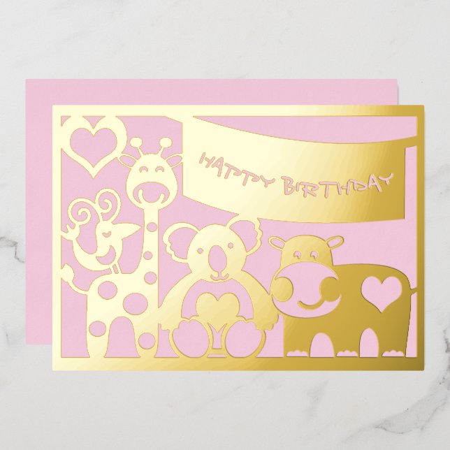 Happy Birthday Baby Girl Animals In Gold Foil Foil Holiday Card (Front/Back)
