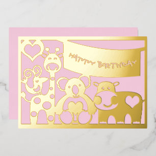 Happy Birthday Baby Girl Animals In Gold Foil Holiday Card