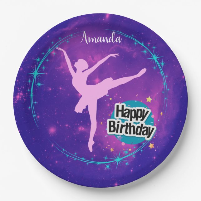 Happy Birthday Ballerina Galaxy Personalized  Paper Plate (Front)