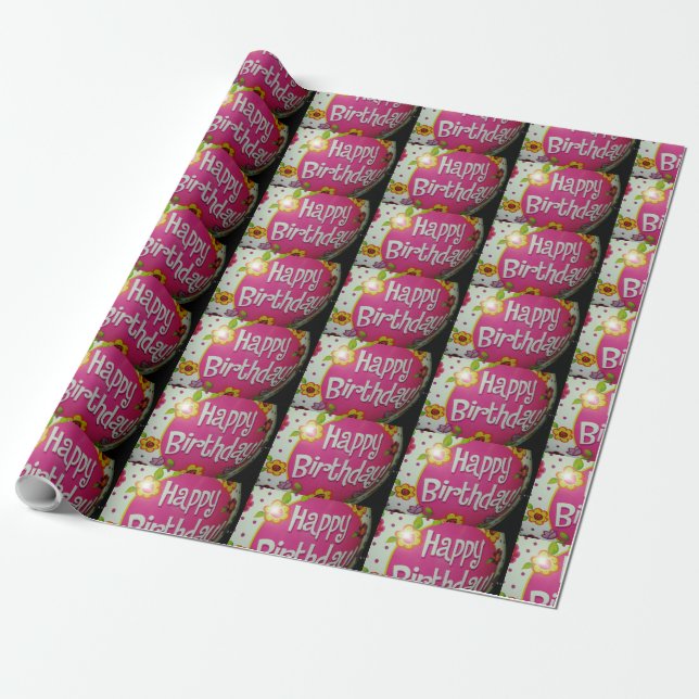 Happy Birthday Balloon w/ Flowers, Balloon Design Wrapping Paper (Unrolled)