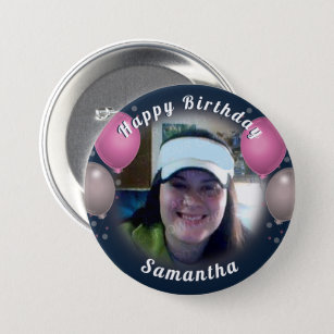 Happy Birthday Balloons and Photo Pink 3 Inch Round Button