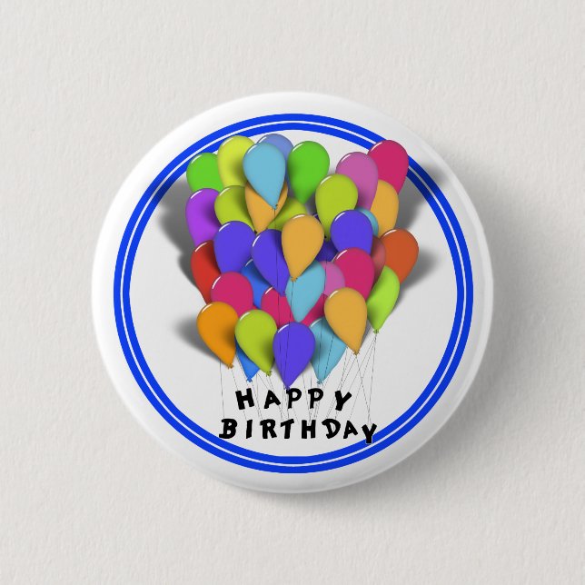 Happy Birthday Balloons for Boy (Blue Trim) 2 Inch Round Button (Front)