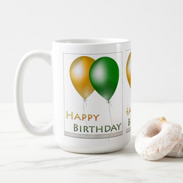 Happy Birthday Balloons Green and Gold Coffee Mug (With Donut)
