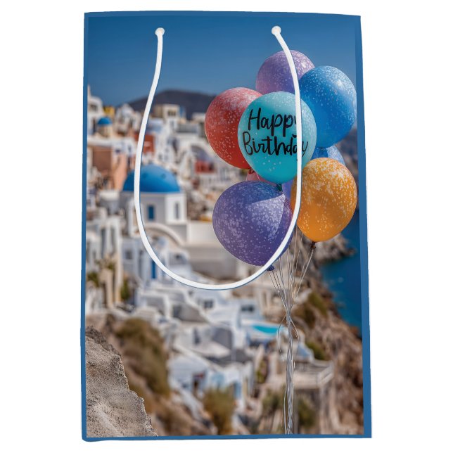Happy Birthday Balloons in Santorini, Greece Medium Gift Bag (Front)