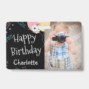Happy Birthday Balloons Name and Photo Black Badge