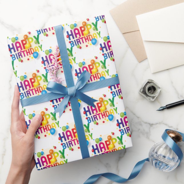 Happy Birthday Balloons On White Wrapping Paper (Gifting)