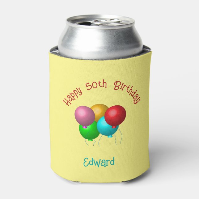 Happy Birthday Balloons Personalized Name Year Can Cooler (Can Front)