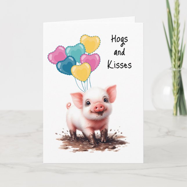 Happy Birthday Balloons Pig in Mud Hogs and Kisses Card (Front)