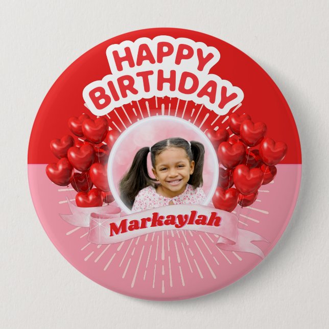 Happy Birthday Balloons Pink & Red Photo 4 Inch Round Button (Front)