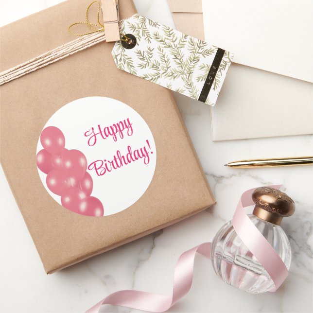 Happy Birthday Balloons Pink Simple Clean Classic Round Sticker (Gifting)