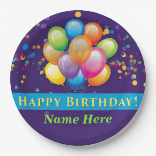 Happy Birthday Balloons - Purple Customize Paper Plate