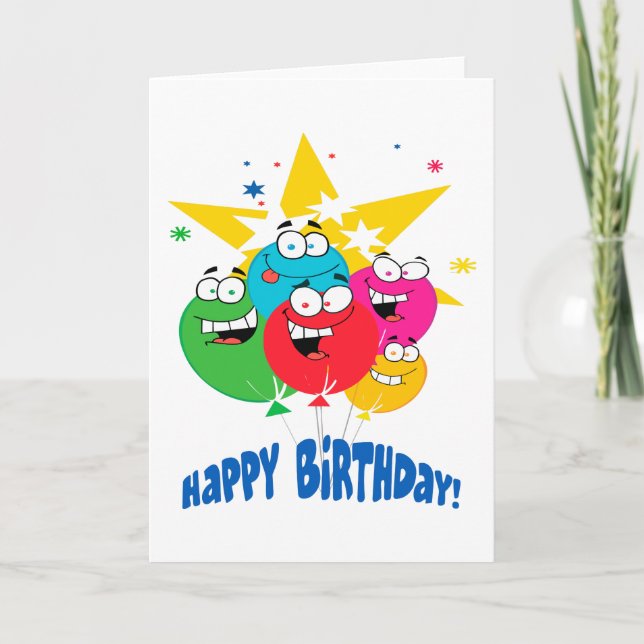 happy birthday balloons with faces cartoon card (Front)