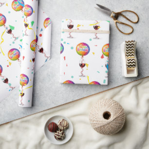 Happy Birthday Balloons With Red Wine Wrapping Paper