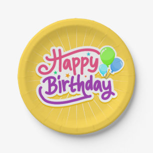 Happy Birthday Balloons Yellow Party Paper Plate