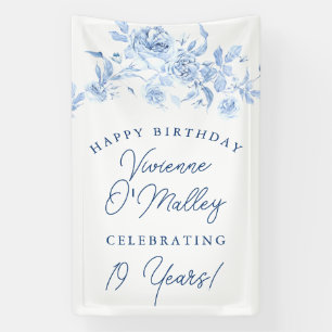 Happy Birthday Banner 19th Blue Floral Template